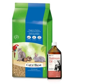 JRS Cats Best Universal 40l / 22kg + Lab-V 100% lašišų aliejus įvairaus amžiaus šunims ir katėms 500ml šalto spaudimo