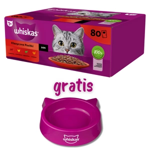 WHISKAS Adult paketėliai 80 x 85 g Classic Meals - drėgnas maistas suaugusioms katėms, su padažu (su jautiena, vištiena, ėriena, paukštiena) + WHISKAS kačių dubenėlis