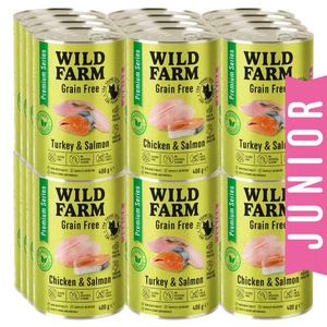 WILD FARM Premium Grain Free Turkey and Salmon / Chicken and Salmon Junior 24x400g- kačiukų ėdalas be grūdų
