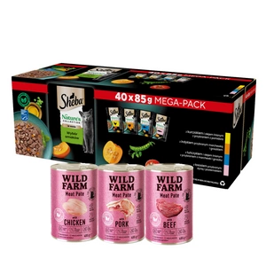 SHEBA Nature's Collection Flavour Selection 40x85 g - Visavertis drėgnas ėdalas suaugusioms katėms, su padažu + WILD FARM Paštetas 3x400g