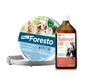 ELANCO Foresto Antkaklis katėms ir šunims sveriantiems mažiau nei 8kg + Lab-V 100% lašišų aliejus įvairaus amžiaus šunims ir katėms 500ml šalto spaudimo