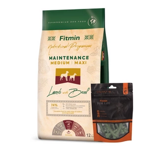 FITMIN Medium Maxi Maintenance Lamb&Beef 12kg + FITMIN Dantų skanėstas šunims su jūros dumbliais 70g