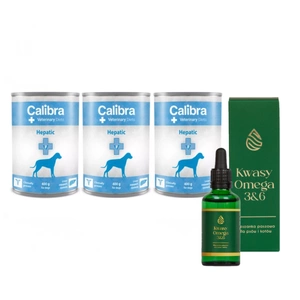 Calibra Veterinary Diets Dog Hepatic 3x400g + LAB-V Omega 3 ir 6 riebalų rūgštys bendrai šunų ir kačių sveikatos, kailio ir odos būklei gerinti 100ml