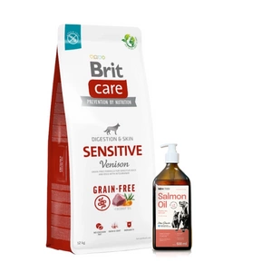 BRIT CARE Grain-free Sensitive Venison 12kg + Lab-V 100% lašišų aliejus įvairaus amžiaus šunims ir katėms 500ml šalto spaudimo