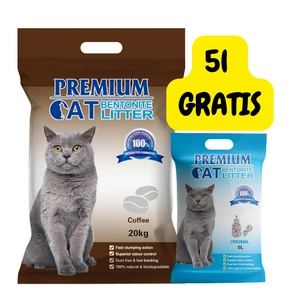 Premium Cat Clumping Bentonite kraikas - kava katėms 20kg + natūralus kraikas 5L NEMOKAMAI!