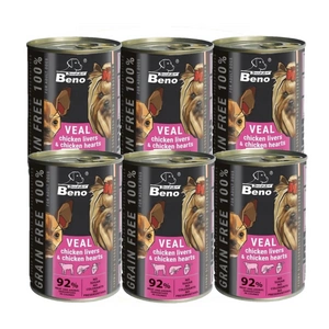 Super Beno GRAIN-FREE šunų skanėstai su veršiena, vištienos kepenėlėmis ir vištienos širdelėmis padaže, 6x415 g