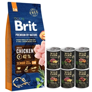 BRIT Premium By Nature Senior S+M 15kg + WILD FARM Monoprotein hipoalerginis šunų maistas – skonių rinkinys 6x400g