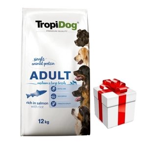 TROPIDOG Premium Adult medium & large breeds lašiša ir ryžiai 12kg + Staigmena Šunui