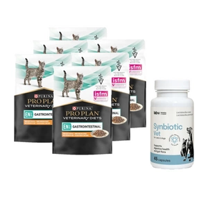 PURINA Veterinary PVD EN Gastrointestinal Vištiena virškinimo trakte 6x85g paketėlis + LAB-V Synbiotic Vet - virškinamojo trakto sveikata ir žarnyno mikroflora šunims ir katėms 45 kapsulės