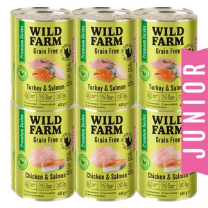 WILD FARM Premium Grain Free Turkey and Salmon / Chicken and Salmon Junior 12x400g- kačiukų ėdalas be grūdų