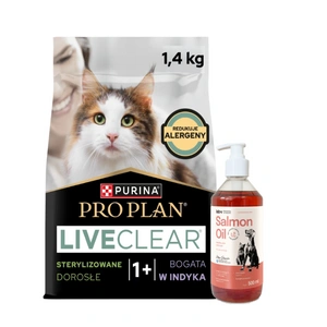 PRO PLAN LiveClear Maistas suaugusiems katėms po sterilizacijos, turtingas kalakutiena, 1,4 kg + LAB V Lašišų aliejus šunims ir katėms 500ml