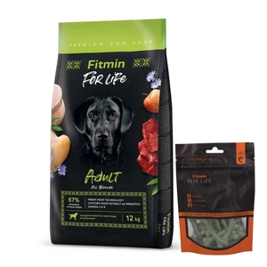 FITMIN For Life Adult All Breeds 12kg + FITMIN Dantų skanėstas šunims su jūros dumbliais 70g