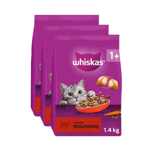 WHISKAS Adult 3x1,4 kg - sausas visavertis ėdalas suaugusioms katėms su gardžia jautiena