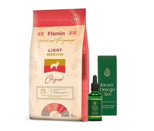 FITMIN Medium Light 12 kg + LAB-V Omega 3 ir 6 riebalų rūgštys bendrai šunų ir kačių sveikatos, kailio ir odos būklei gerinti 100ml