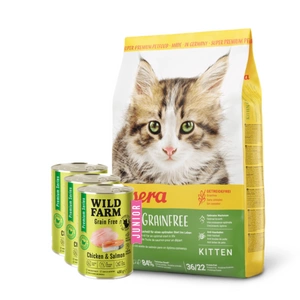 JOSERA Kitten Grainfree 10kg begrūdis maistas + WILD FARM Premium Grain Free Chicken and Salmon Junior 3x400g - kačiukų ėdalas be grūdų