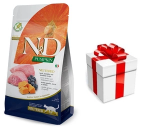 FARMINA N&D Pumpkin Feline ėriena ir mėlynės suaugusiems kastruotiems gyvūnams 300g + Staigmena katei