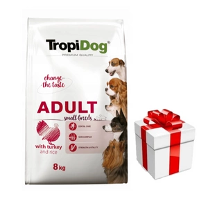 TROPIDOG Premium Adult Small Breeds su kalakutiena ir ryžiais 8kg + Staigmena Šunui