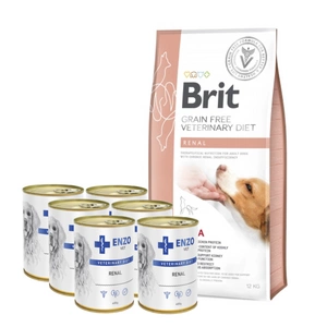 Brit gf veterinary diets dog Renal 12kg + ENZO VET Inkstų dietos inkstų ligoms gydyti su jautiena šunims 6x400g
