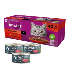 WHISKAS Adult paketėliai 40 x 85 g Classic Meals - drėgnas maistas suaugusioms katėms, su padažu (su jautiena, vištiena, ėriena, paukštiena) + WILD FARM Mousse Beef 3x85g