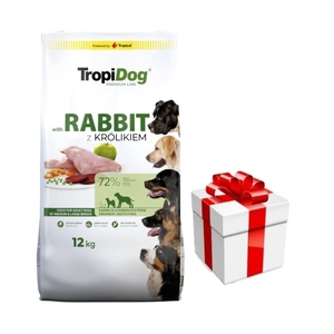 TROPIDOG Premium Premium Adult vidutinių ir didelių veislių šunys, turtingi triušiena ir ryžiais 12kg + Staigmena Šunui