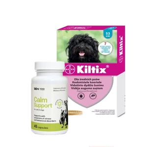 Bayer KILTIX, antkaklis vidutinio dydžio šunims 53cm + LAB-V Calm Support - streso ir elgesio sutrikimų simptomų palaikymas 45 kapsulės