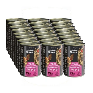 Super Beno GRAIN-FREE šunų skanėstai su veršiena, vištienos kepenėlėmis ir vištienos širdelėmis padaže, 24x415 g