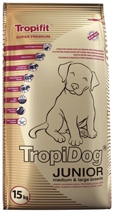 TROPIDOG Super Premium junior vidutinių ir didelių veislių kalakutiena, lašiša ir kiaušiniai 15kg