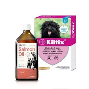 Bayer KILTIX, antkaklis vidutinio dydžio šunims 53cm + Lab-V 100% lašišų aliejus įvairaus amžiaus šunims ir katėms 500ml šalto spaudimo