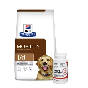 HILL'S PD Prescription Diet Canine j/d 12kg + LAB-V Arthro Comfort - Visapusiška sąnarių ir raumenų bei skeleto sistemos sveikata šunims ir katėms 45 kapsulės