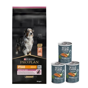 Purina Pro Plan Medium & Large 7+ Sensitive Optiderma, lašiša ir ryžiai 14kg + Wild Farm Superfood Salmon lašiša 3x400 g pašaro šunims be grūdų