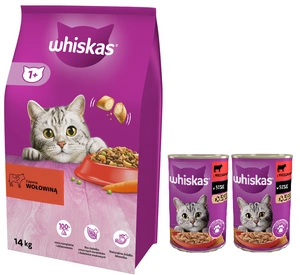WHISKAS Adult 14kg - sausas kačių ėdalas su jautiena ir daržovėmis + WHISKAS Adult konservų dėžutė 2x400g