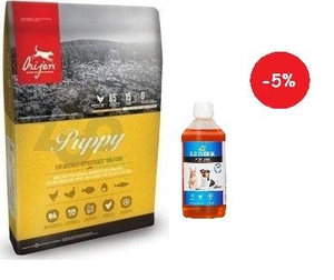 Orijen Puppy 11,4 kg + LAB V Lašišų aliejus šunims ir katėms 500ml
