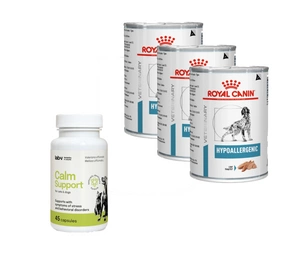 ROYAL CANIN Hypoallergenic DR21 3x400g skardinė + LAB-V Calm Support - streso ir elgesio sutrikimų simptomų palaikymas 45 kapsulės