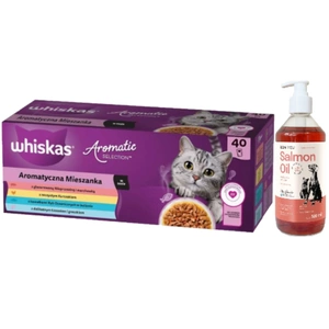 WHISKAS Adult Aromatic Mix 40x85 g - drėgnas kačių maistas + LAB V Lašišų aliejus šunims ir katėms 500ml