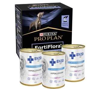 PURINA PVD FortiFlora Dog 30 paketėlių + 3x ENZO VET Hipoalerginė dieta su triušiena šunims 400g