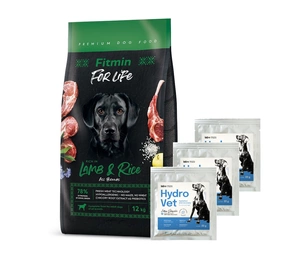 FITMIN dog For Life Lamb & Rice 12 kg + Hydro-Vet Dog - dietinis pašarų mišinys šunims, skatinantis atsigavimą po operacijos 3x22 g