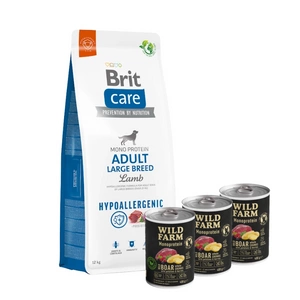 BRIT CARE Dog Hypoallergenic Adult Large Breed Lamb 12kg + Wild Farm Monoprotein Wild Boar 3x400g hipoalerginis šunų ėdalas