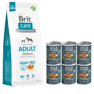 BRIT CARE Grain-free Adult Salmon 12kg + Wild Farm Superfood Salmon lašiša 6x400 g pašaro šunims be grūdų