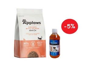 Applaws Adult Chicken with Extra Salmon sausas kačių maistas 7,5 kg  + LAB V Lašišų aliejus šunims ir katėms 500ml