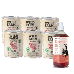 WILD FARM Pate Lamb 6x800g ėdalas šunims be glitimo +LAB V Lašišų aliejus šunims ir katėms 1000ml