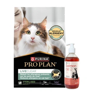 PRO PLAN LiveClear Maistas suaugusiems katėms po sterilizacijos, turtingas kalakutiena, 2,8 kg + LAB V Lašišų aliejus šunims ir katėms 500ml