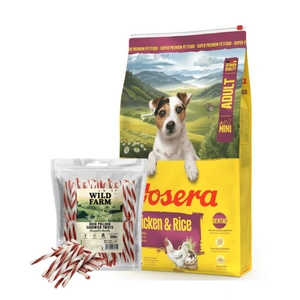 JOSERA Mini Adult Chicken & Rice 10kg + WILD FARM ančių sumuštinis 500g skanėstai šunims