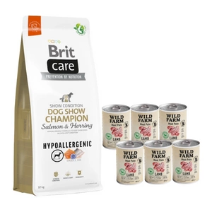 BRIT CARE Dog Hypoallergenic Dog Show Champion Lašiša ir silkė 12kg + Wild Farm Pate Lamb 6x400g ėrienos ėdalas šunims be glitimo