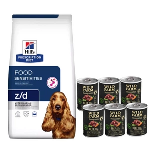 HILL'S PD Prescription Diet Canine z/d Jautrumas maistui 10kg + Wild Farm Monoprotein Beef 6x400g hipoalerginis maistas šunims