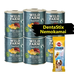 WILD FARM Superfood Beef (jautiena su moliūgais, bulvėmis ir petražolėmis) 6x800 g pašaro šunims be grūdų + DentaStix nemokamai