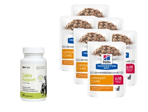HILL'S PD Prescription Diet Feline c/d Urinary Stress Vištiena 6x85g paketėlis + LAB-V Calm Support - streso ir elgesio sutrikimų simptomų palaikymas 45 kapsulės