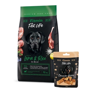 FITMIN dog For Life ėriena su ryžiais 12 kg + Fitmin For Life sausainiai šunims ir katėms 50 g skonių mišinys