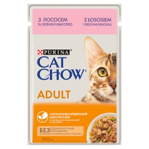 PURINA Cat Chow Suaugusių kačių ėdalas su lašiša ir šparaginėmis pupelėmis drebučiuose 85g