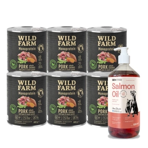 WILD FARM Monoprotein Pork 6x800g hipoalerginis maistas šunims + LAB V Lašišų aliejus šunims ir katėms 1000ml