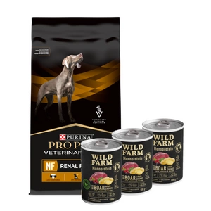 PURINA Veterinary PVD NF Renal Function 12kg + Wild Farm Monoprotein Wild Boar 3x400g hipoalerginis šunų ėdalas